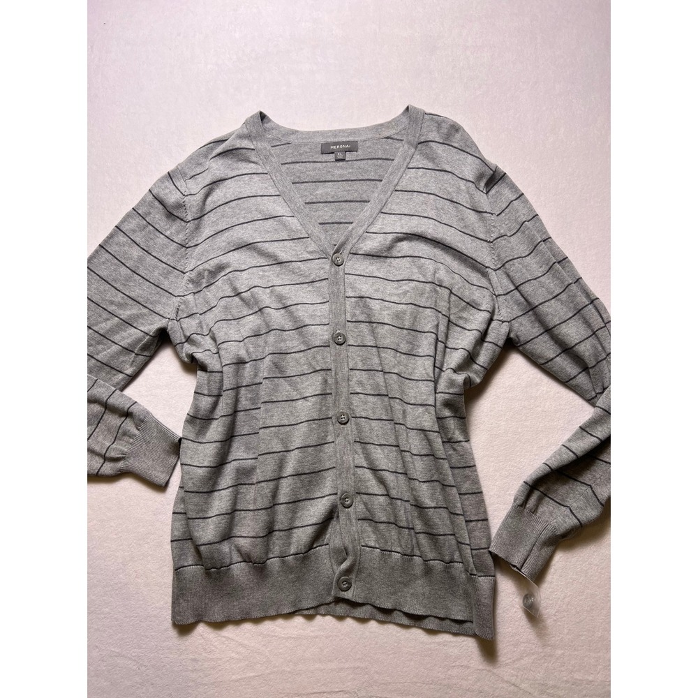 Merona XL Cardigan Sweater Preppy Gray Striped V-Neck Cotton Academia Collegiate